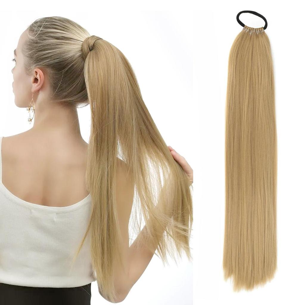 Synthetic Ponytail Extensions Elastic Band Wrap Around Straight Ponytail Extension for Women 24" Long Straight Soft Natural Ponytail
