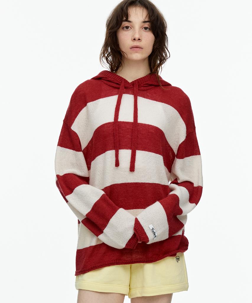 FALLETT Striped Sheer Knit Hoodie Red