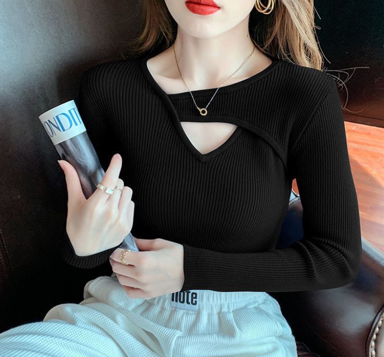 Dámská košile Slim Fit s tenkým spodním lemem Módní dutý jednobarevný svetr Velký svetr s dlouhým rukávem