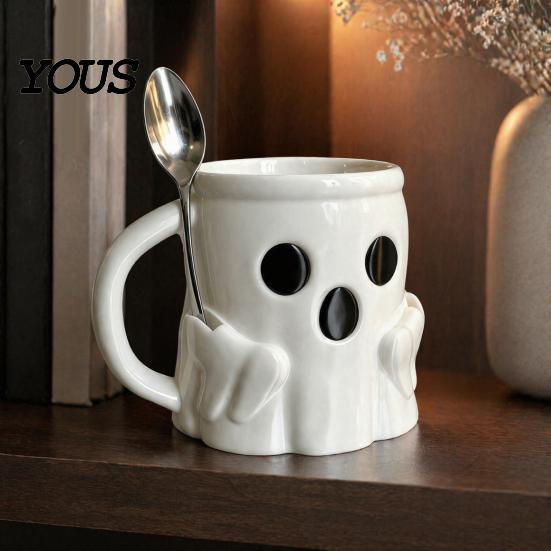 Halloween Party Geschirr Eisbecher mit Löffelhalter, 3D-gedruckter süßer Geisterbecher, Geformter Kaffeebecher Stiftehalter Dekoration, Weihnachten Geburtstag