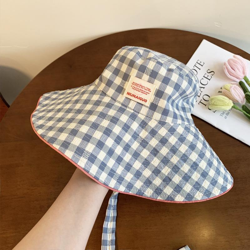 Dopamine Bucket Hat Women's High Sense Summer New Hat Plaid Visor Big Brim Sun Protection Hat