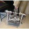 Geantă tote de pânză cu imprimeu leopard de capacitate mare pentru femei Saint Barth cu ciucuri