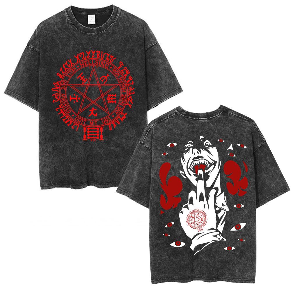 Anime Hellsing Alucard Cool Printing T Shirt Men Vintage Manga Tshirts Washed Cotton Tee Harajuku Male Casual Oversized T-shirt