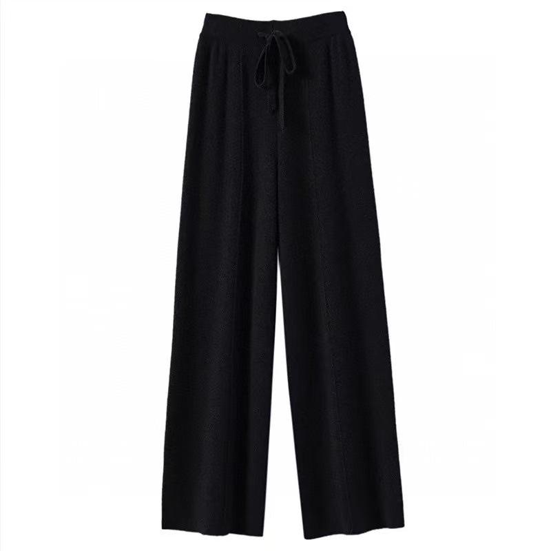 Women's High-Waisted Wide-Leg Knit Pants - Warm, Thick, Casual Floor-Length with Drawstring