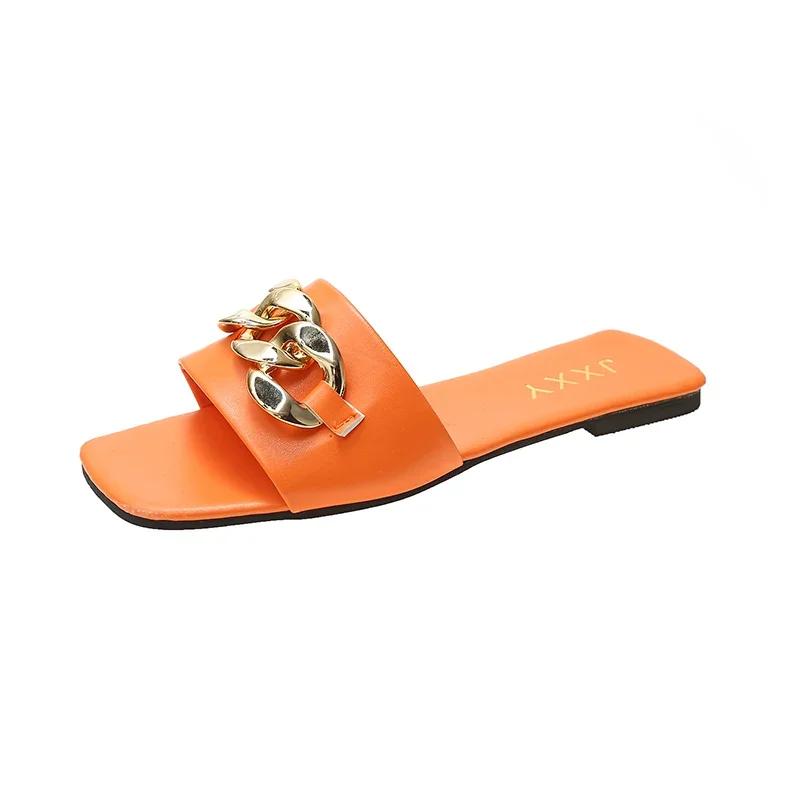 Fashion Wide Fit Slip-On Metal Chain Decor Slides For Women, Breathable Open-Toe Summer Casual Sandals With Adjustable Strap
