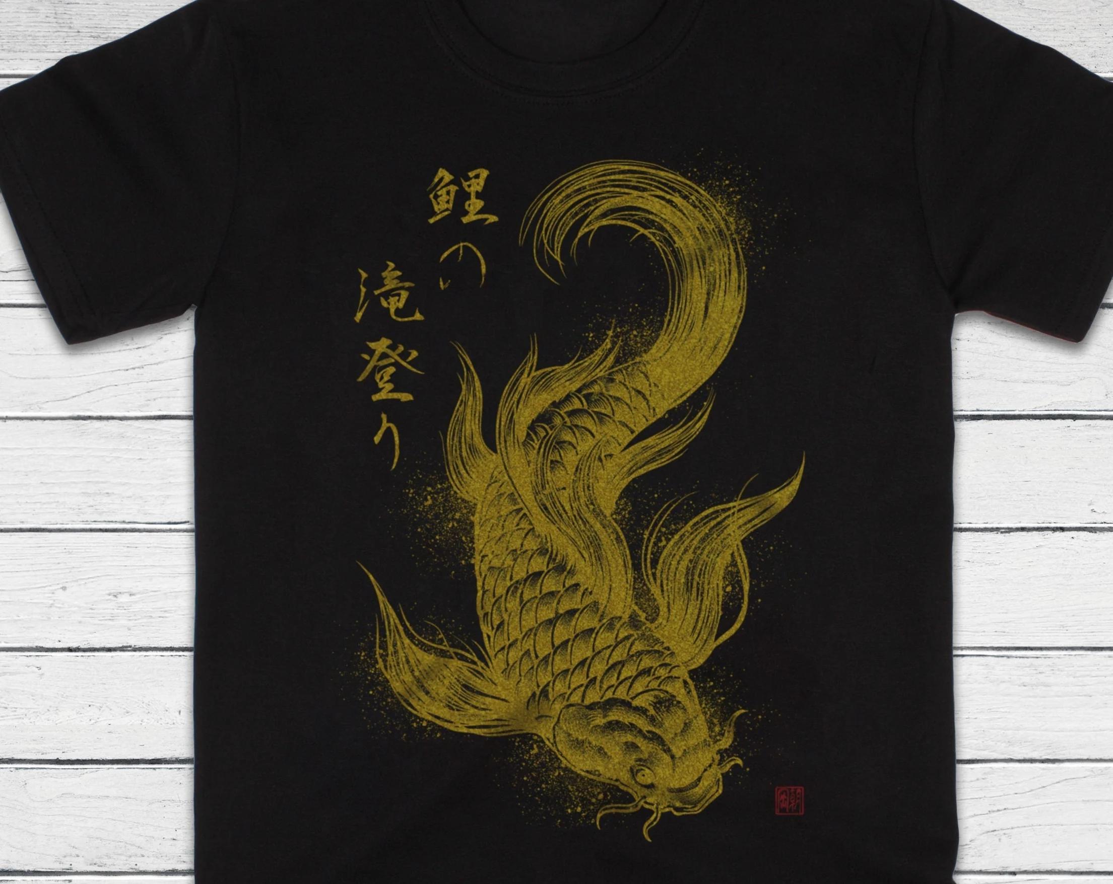 

Koi Carp Japanese Calligraphy T Shirt Traditional Art Japan Kanji Writing Print Yoga Martial Arts Dragon Samurai Men Printed Tee S