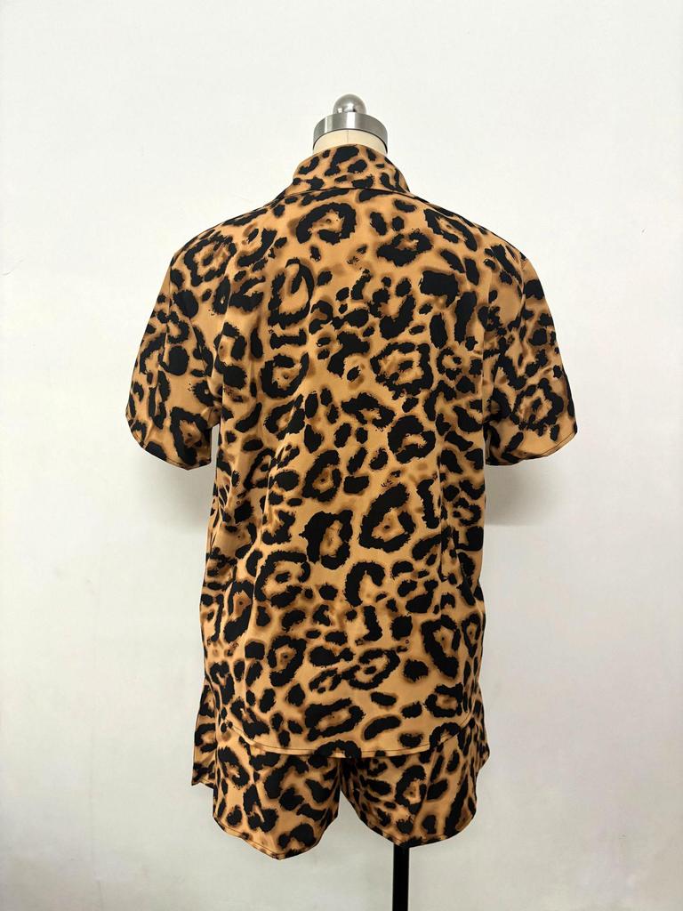 Leopard Print Short Sleeve Shirt & Shorts Set - Women's Summer Two-Piece