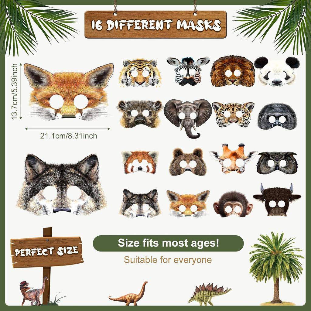 Jungle Animal Cartoon Masks - 16-Pack for Birthday Parties & Cosplay