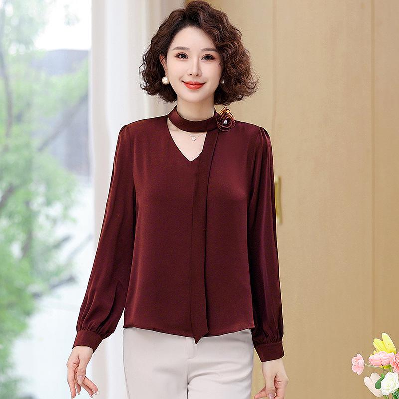 

Women s Solid Long-Sleeve T-Shirt - 2025 Fashionable, Age-Reducing Spring & Autumn Style for Middle-Aged and Elderly 5XL (140-150 jin) вина червоного кольору
