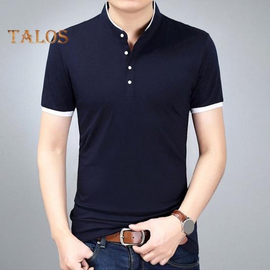 

Летняя мужская рубашка с воротником-стойкой, облегающая, с короткими рукавами, однотонная, большого размера, на пуговицах, тонкий пуловер, деловой стиль, офисный топ XL темно-синий