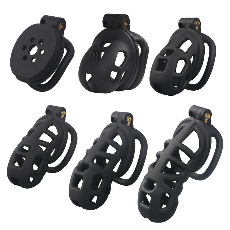 Inexpensive Male Chastity Cage Set 6 Sizes with Lock and 4 Rings Resin Lightweight Breathable Comfortable Design for Men