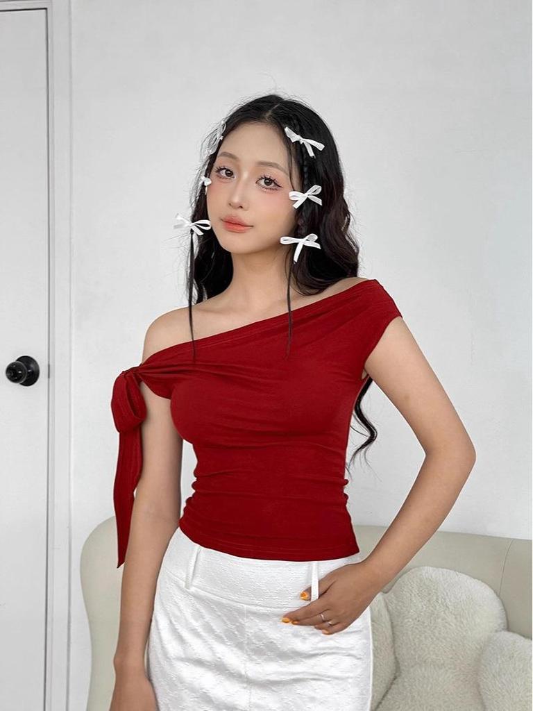 Women's Asymmetrical Off-the-Shoulder Solid Color Summer Top