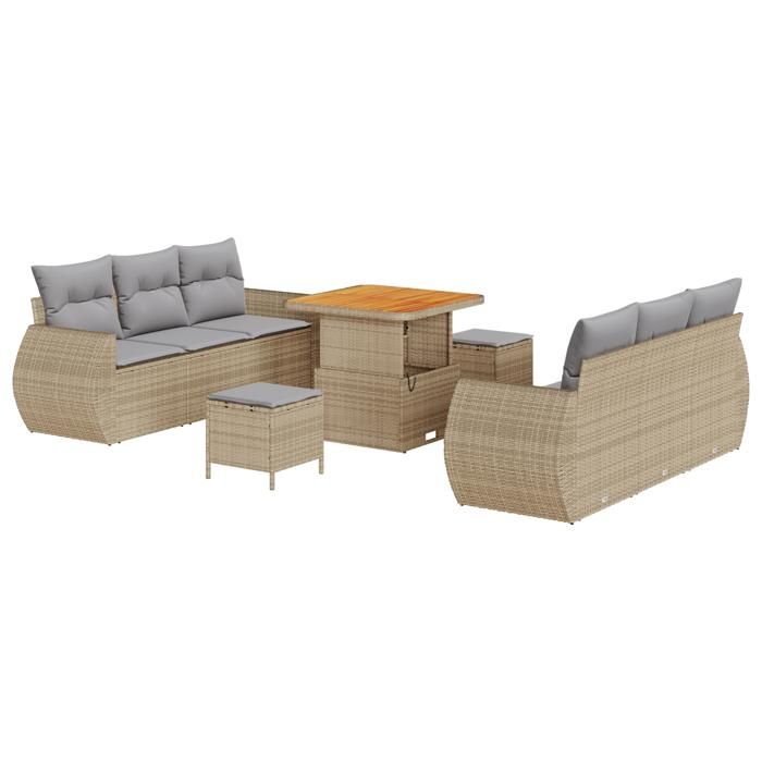 VidaXL Ensemble de Canapé de Jardin 9 Pièces avec Coussins Beige Rattan Poly Acacia 3361827