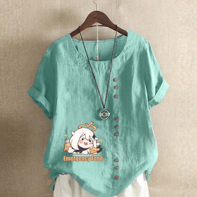 Damenmode Rundhals Kurzarm T-Shirt Lässiges Baumwollleinen Grafikhemd Freizeit Lose Cartoon Mädchen Gedruckt Sommer Bluse Tops Übergröße