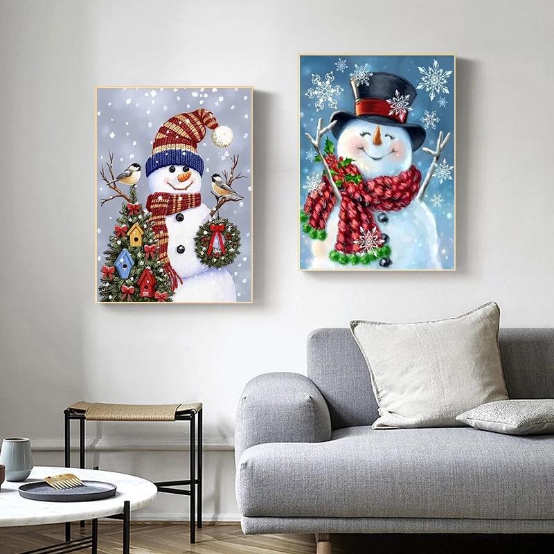 Solid Wood Frame Cute Cartoon White Snowman Canvas Paintings Classic Modern Nordic Posters Prints Wall Art Pictures for Living Room Home Decor