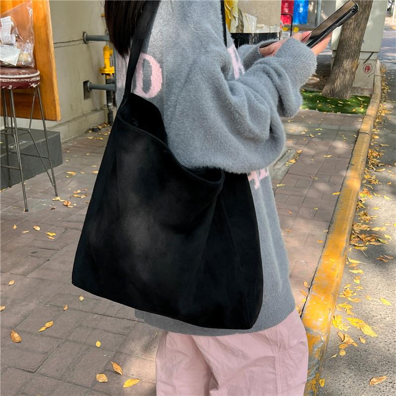 Suede Tote Bag for Women Autum Winter Frosted Casual Large Capacity Commuting Shoulder Bags Vintage Solid Versatile Handbags