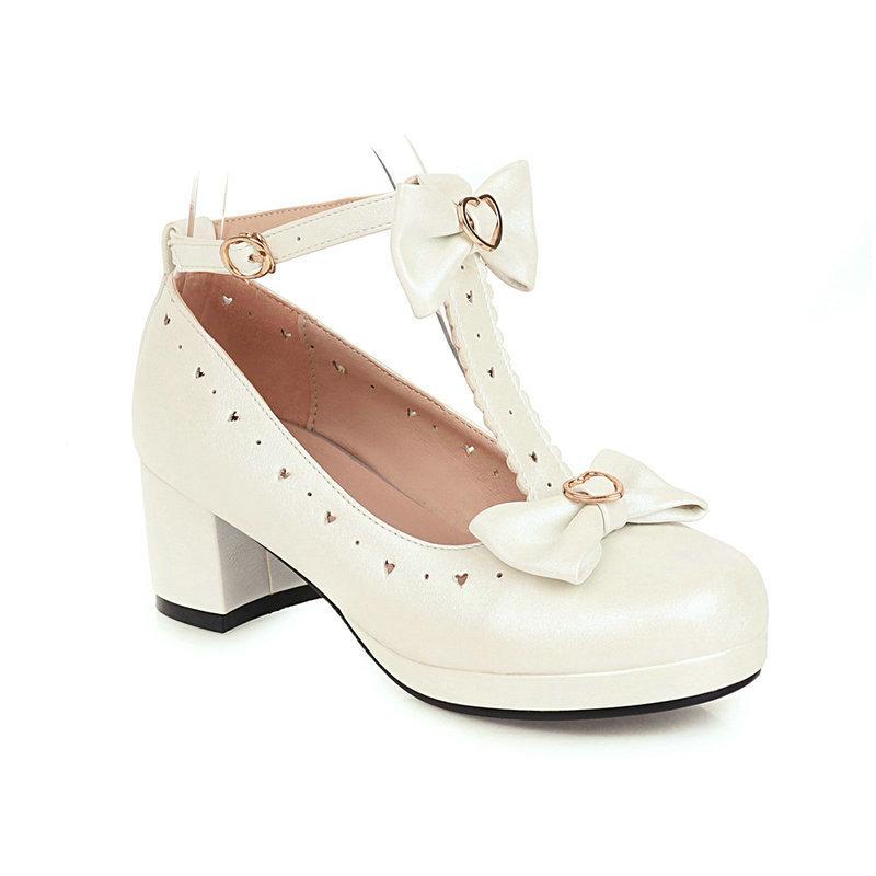 Sweet T Strap Mary Jane Girls Shoes Woman Student Low Heels Round Toe Pumps Women Red Bow Buckle Princess Lolita Shoes Size30-43