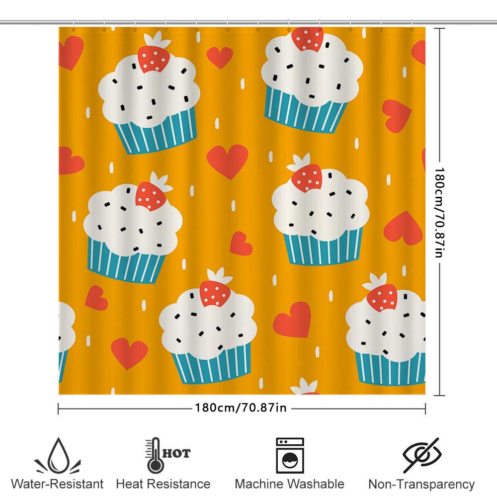 Cute Cupcake Shower Curtain Bathroom Decor With Strawberry Pattern For Kids Room Yellow Color (180X240Cm)