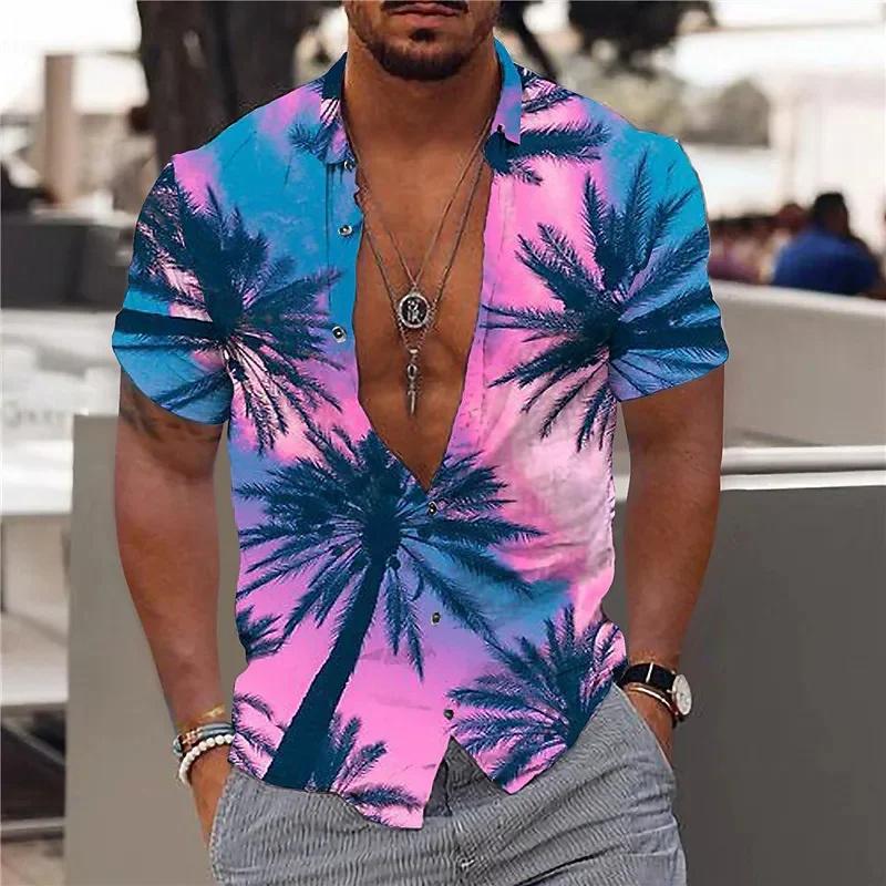 Coconut Tree Pattern Hawaiian Shirt For Men Colorful Sunset 3D Printed Aloha Shirts Summer Oversized Lapel Blouses Short Sleeves