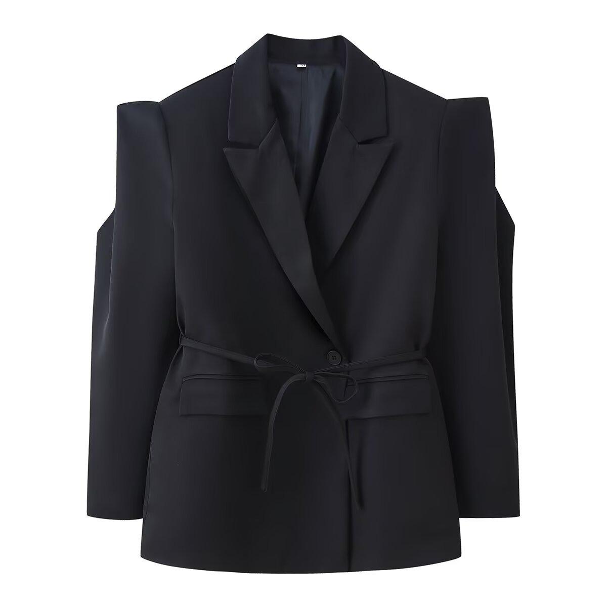 

Жіночий модний піджак зі структурованими плечима та поясом на талії Small