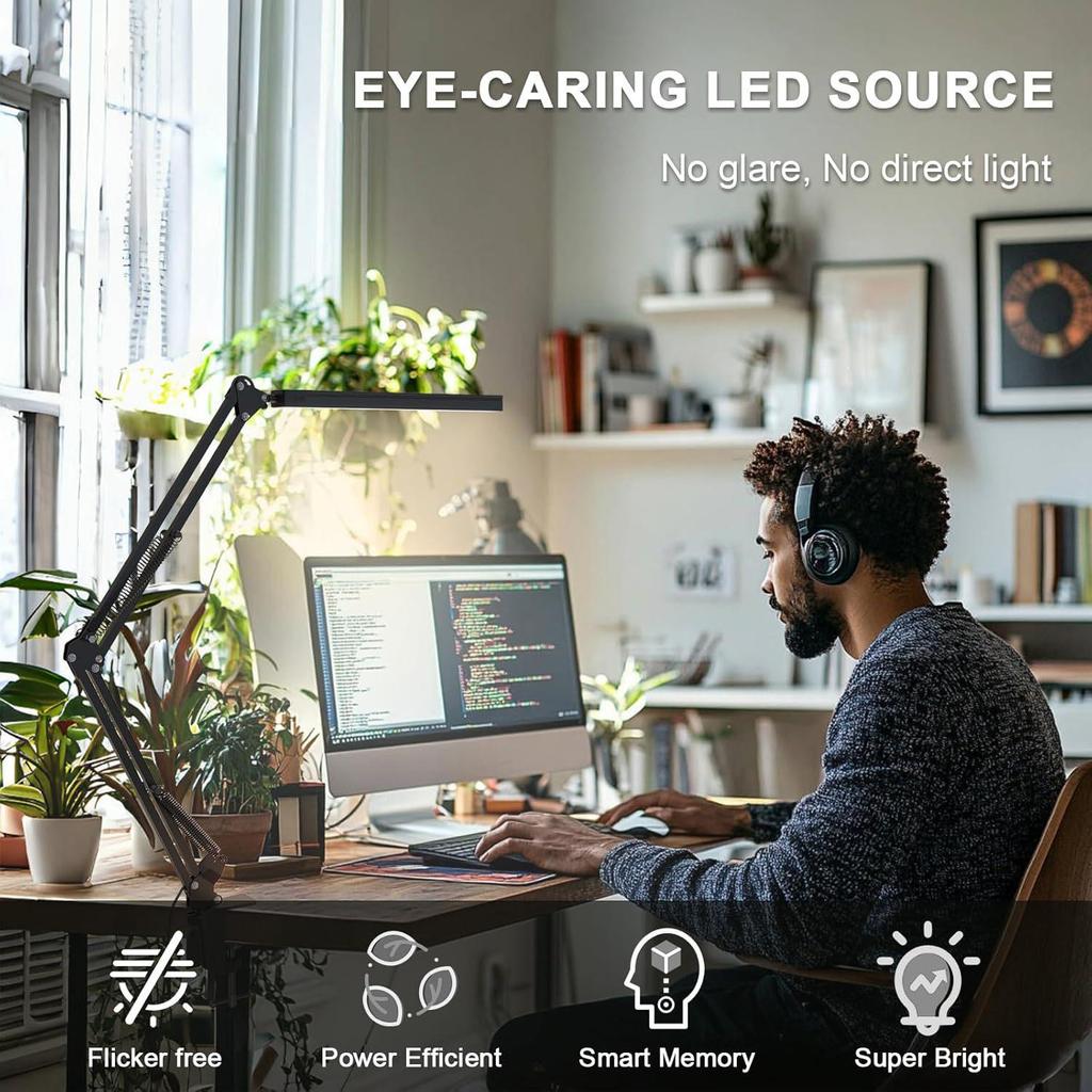 LED Adjustable Arm Desk Lamp with Eye Care, 3 Colors, 10 Brightness Levels for Home and Office.