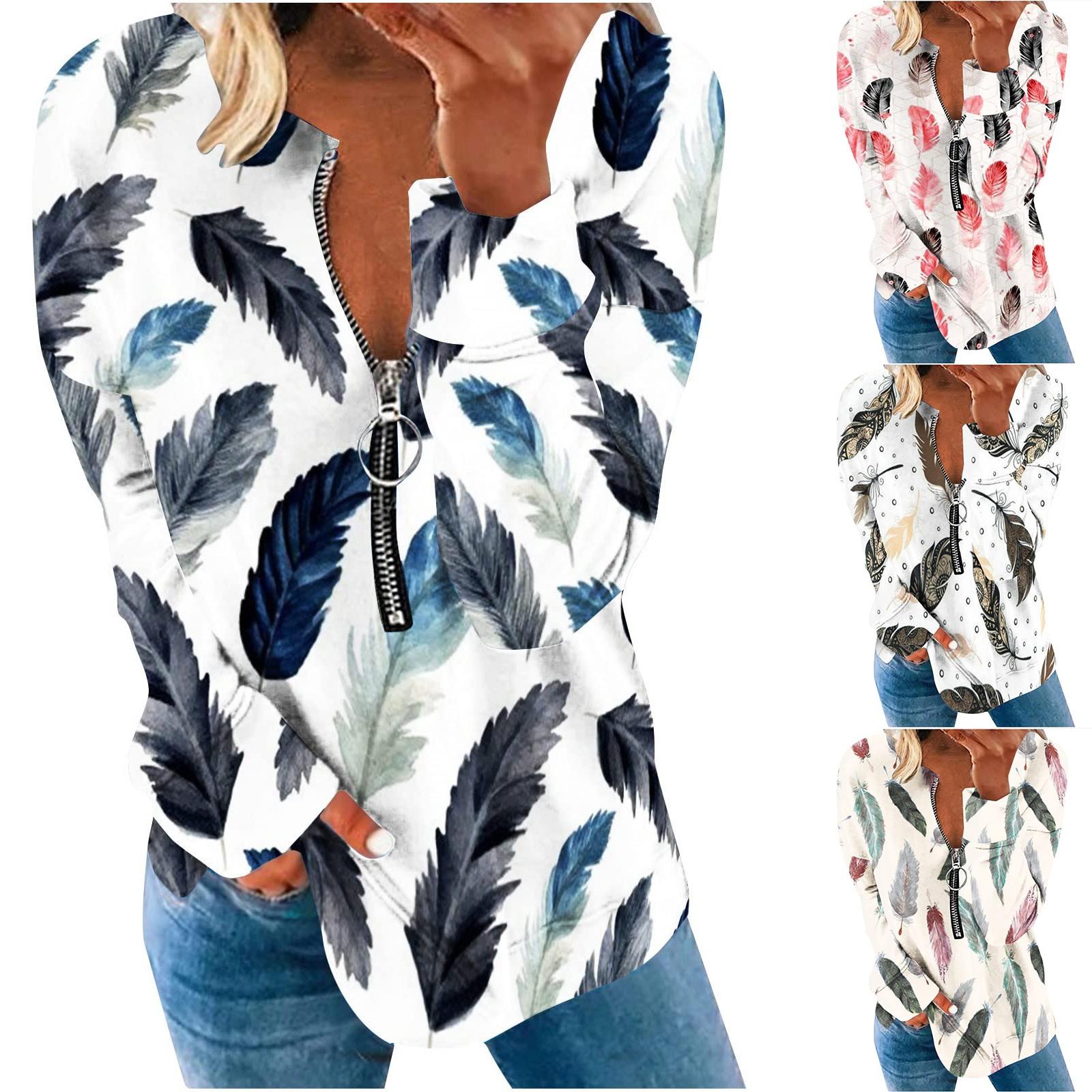 

Женская модная весенняя свободная повседневная футболка с длинным рукавом и V-образным вырезом на молнии с принтом Топ XXXL коричневый