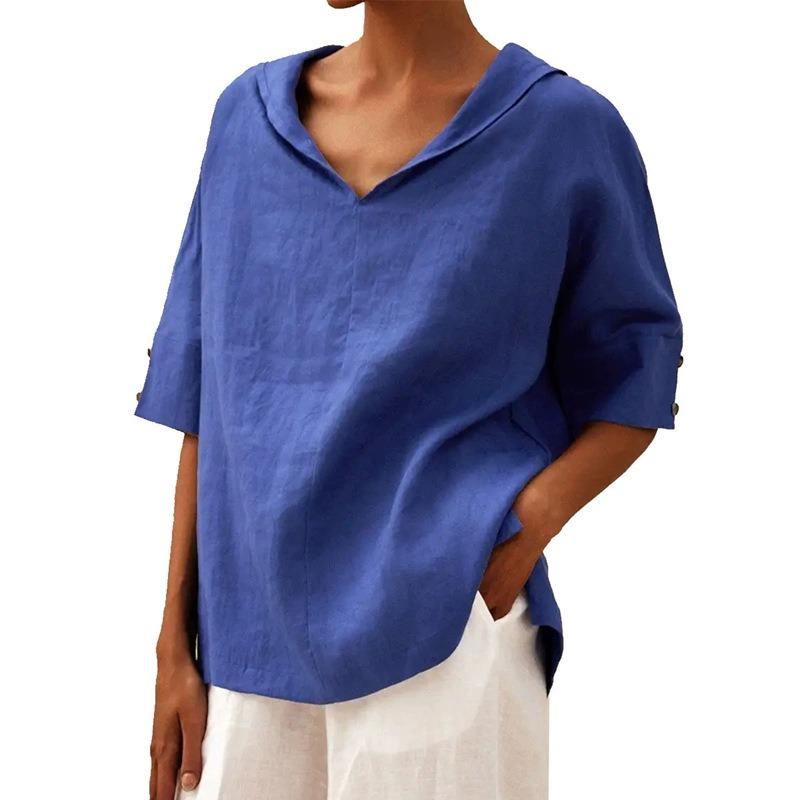 QICED Women's Fashion Casual Solid Color Print Short Sleeve V Neck Blouses & Shirts