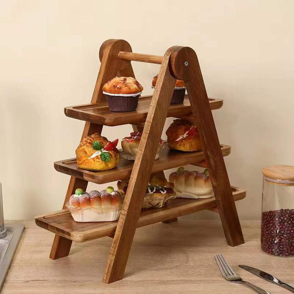 Bandeja de madeira multifuncional, bandeja retangular de três camadas para servir alimentos para eventos e uso doméstico