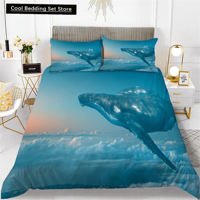 Whales King Queen Duvet Cover Ocean Animal Bedding Set Seaweed Starfish Marine Life Quilt Cover Blue Polyester Comforter Cover