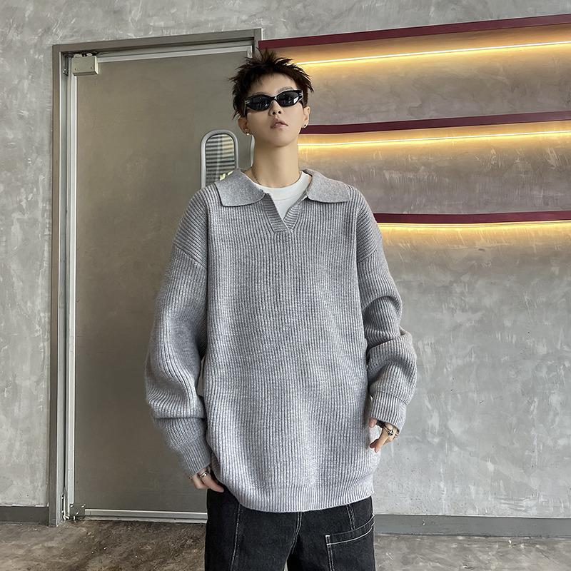 Men's Winter American Style Black Knit Polo Sweater