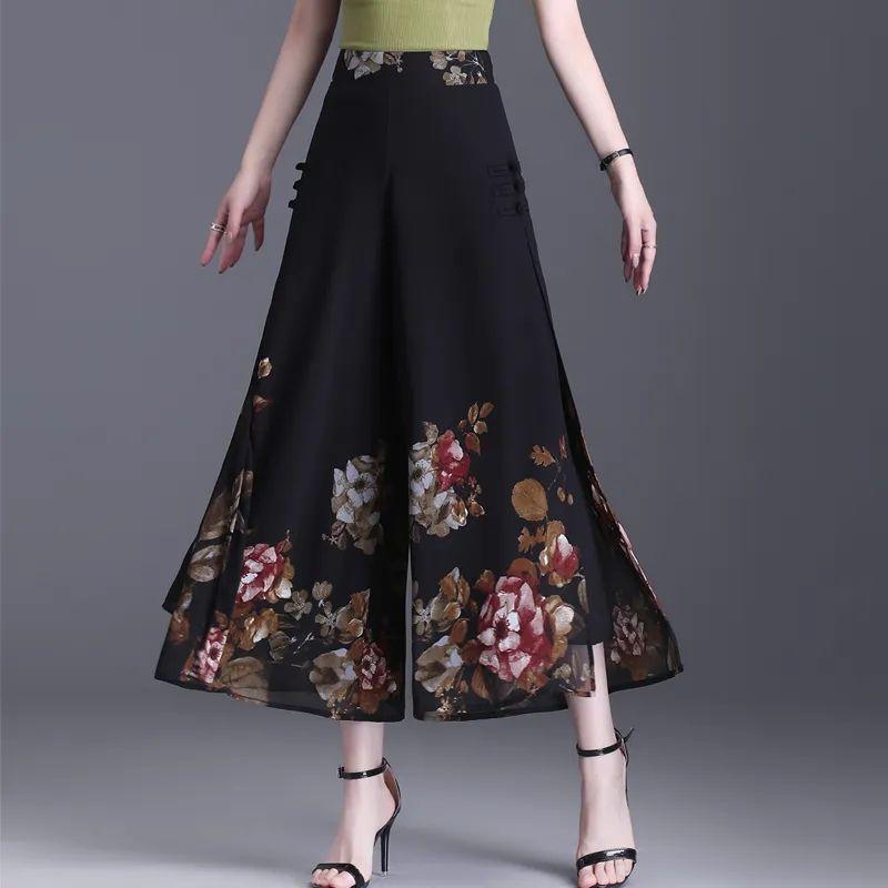 

Summer Thin Chinese Style Floral Chiffon Wide Leg Pants Women Tie Die Printed Button Loose High Waist Vintage Straight Trousers 3XL