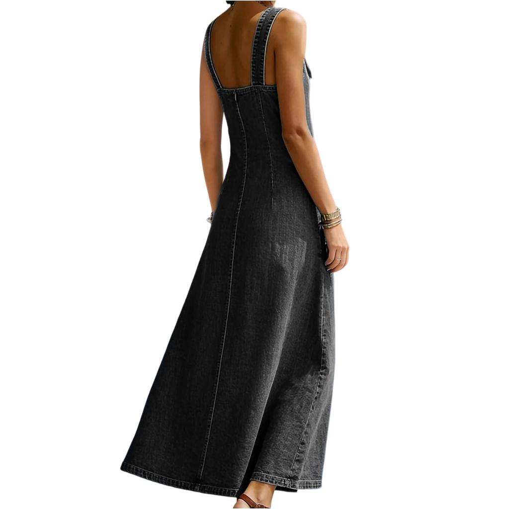 Women Vintage V Neck Denim Overall Dress Loose Fit Sleeveless Long Jean Dress with Adjustable Straps and Side Buttons