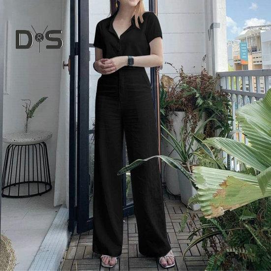2Pcs/Set Women Pants Shirt Suit Lapel Short Sleeve Single breasted Wide Leg Loose Solid Color Pockets High Waist Lady Top Trousers Set