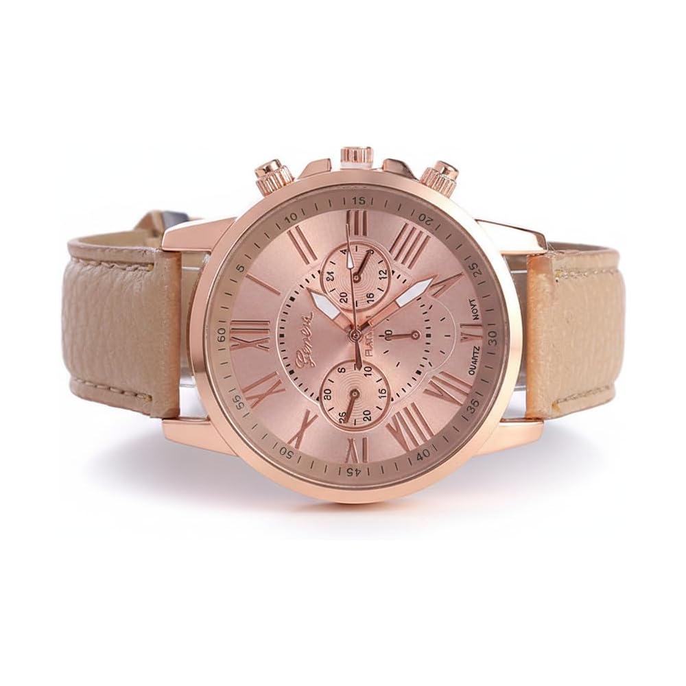 ZooooM Analog Quartz Watch Round Face Faux Leather Strap Chronograph Casual Business Formal Beige ZM-CLWC-BE