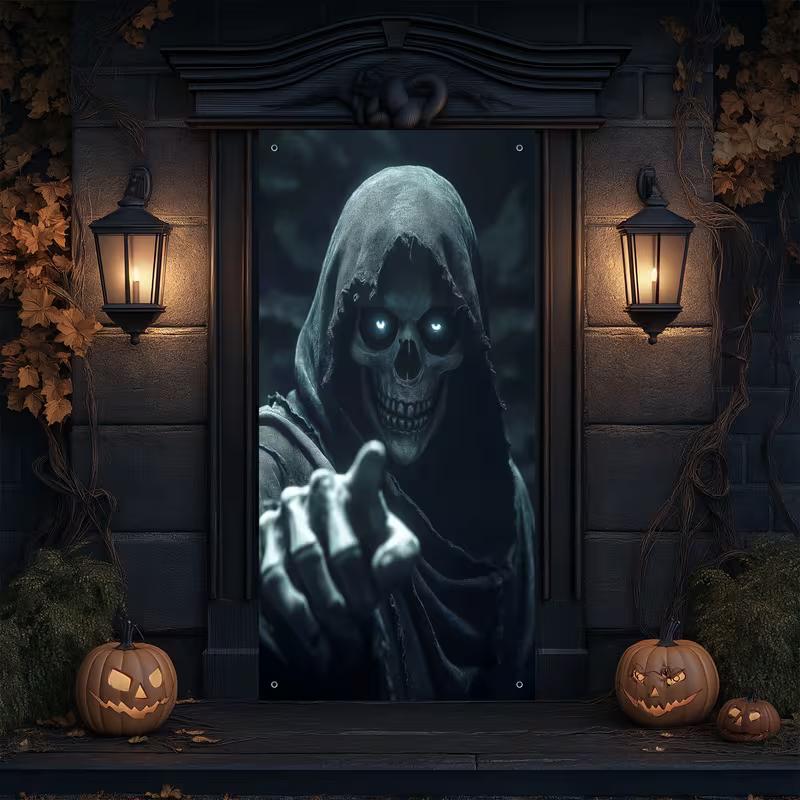 2D Glowing Eyes Reaper Door Cover, 2D Halloween Skeleton Decor