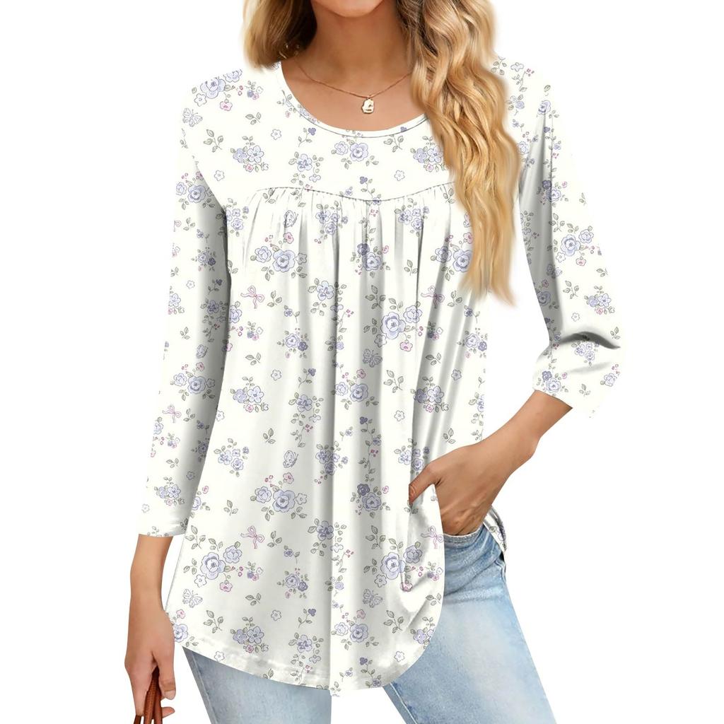 Women's Fashion Casual Three-quarter Sleeve Printed Round Neck Top