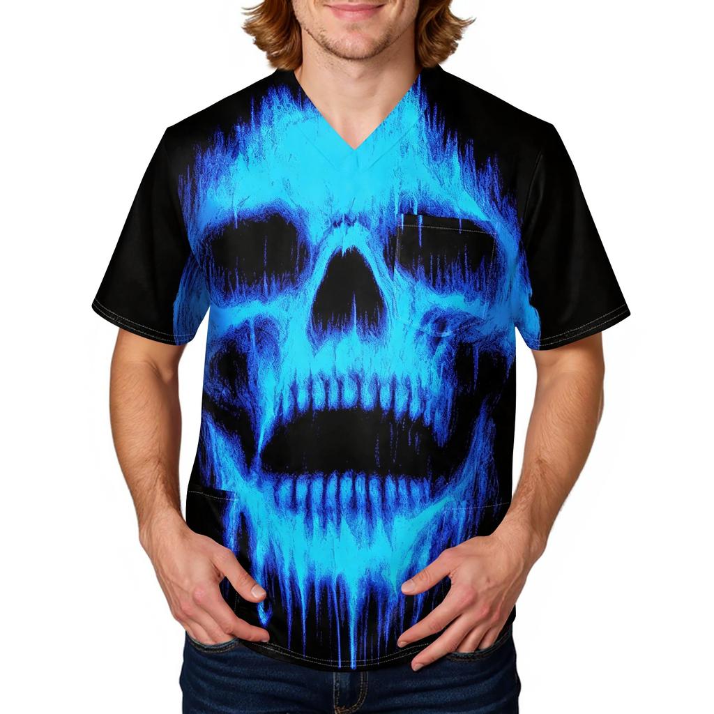 Men's Halloween Printed V-Neck Short Sleeve Scrub Top with Pocket
