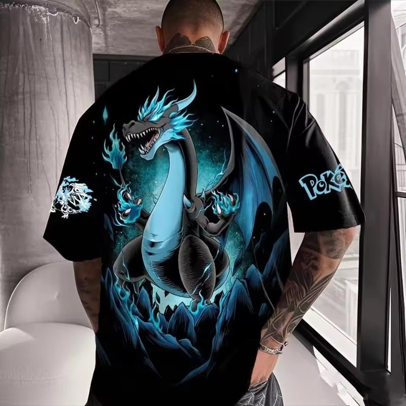 Klassisches Anime Pokemon Glurak Blau Herren Drachenprint Unisex Übergroßes Kurzarm-T-Shirt Streetwear Tops Herren