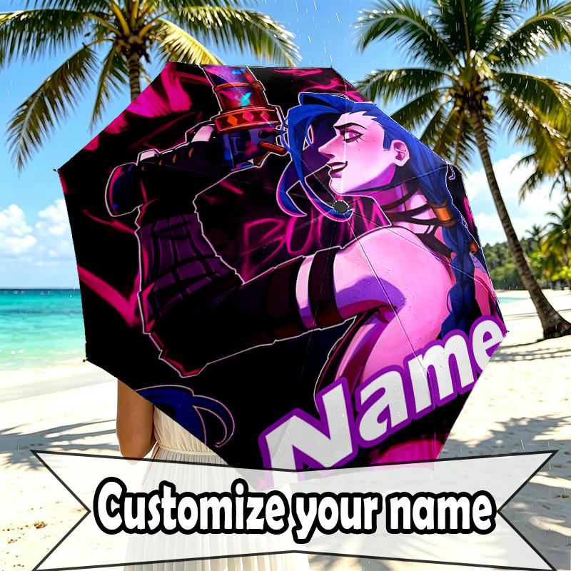 Custom Name Personalized Jinx Print Umbrella, Auto Open Close, 8‑Rib Sturdy Frame, Commute Camping Hiking Use, Birthday Gift