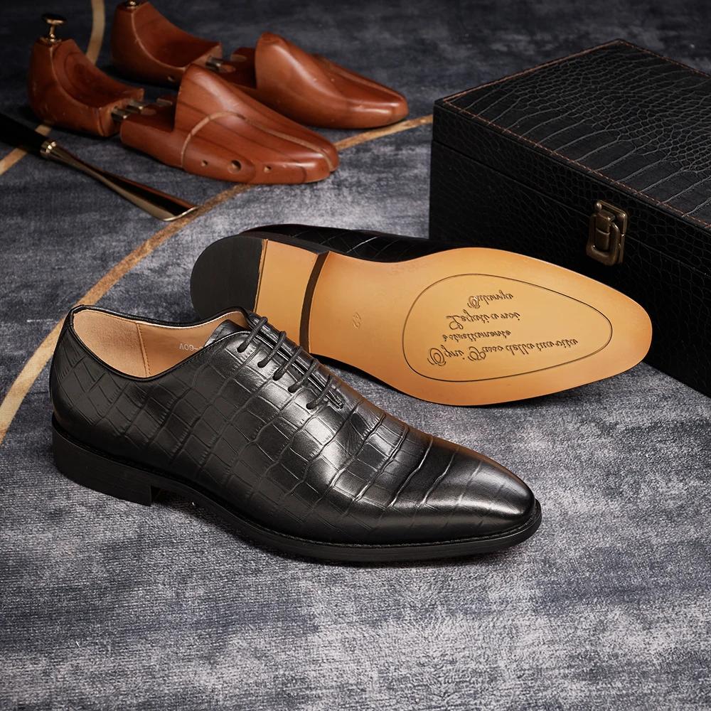 Men's Formal Wedding Shoes Lace-Up Pointed Toe Oxford Genuine Leather Crocodile Print Party Business Dress Shoes