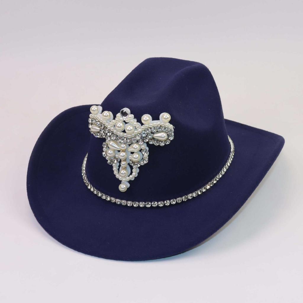 European and American big pearl rhinestone bright diamond western cowboy top hat men and women travel party casual jazz hat felt hat