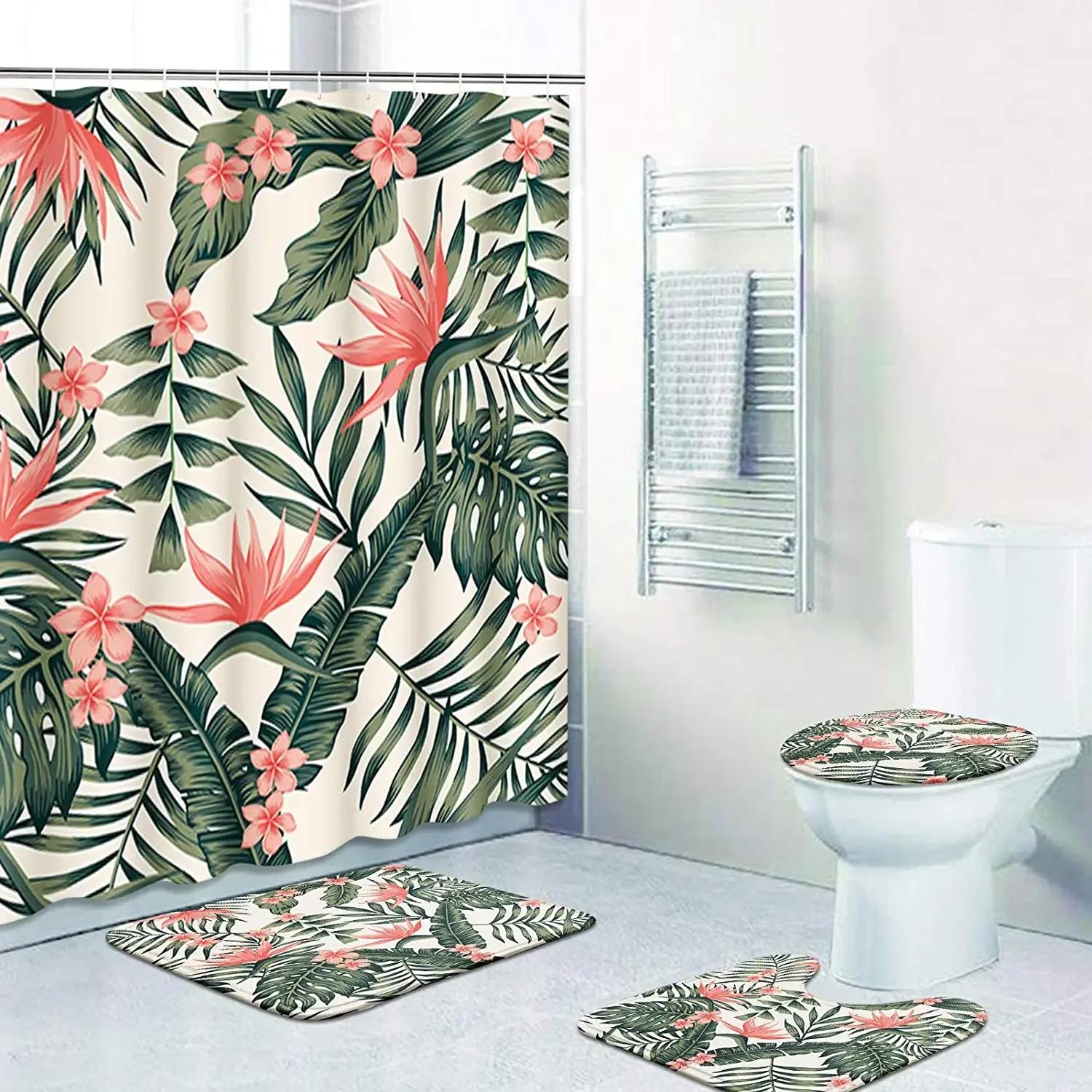 

Banana Leaf Shower Curtain Set Non-Slip Rug Bathroom Accessories Tropical Palm Plant Botanical Floral Green W60H190(CM)-1 Pcs