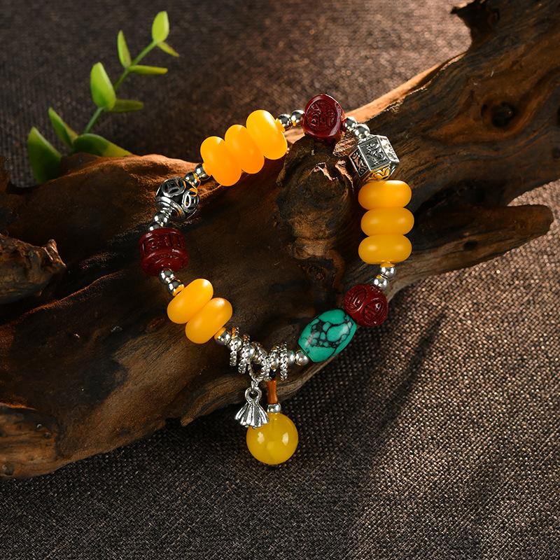 Vintage Bohemian Beeswax Bracelet, Chicken Oil Yellow Single Circle Turquoise Multi Treasure Bracelet Pendant, Temperament Accessory for Women