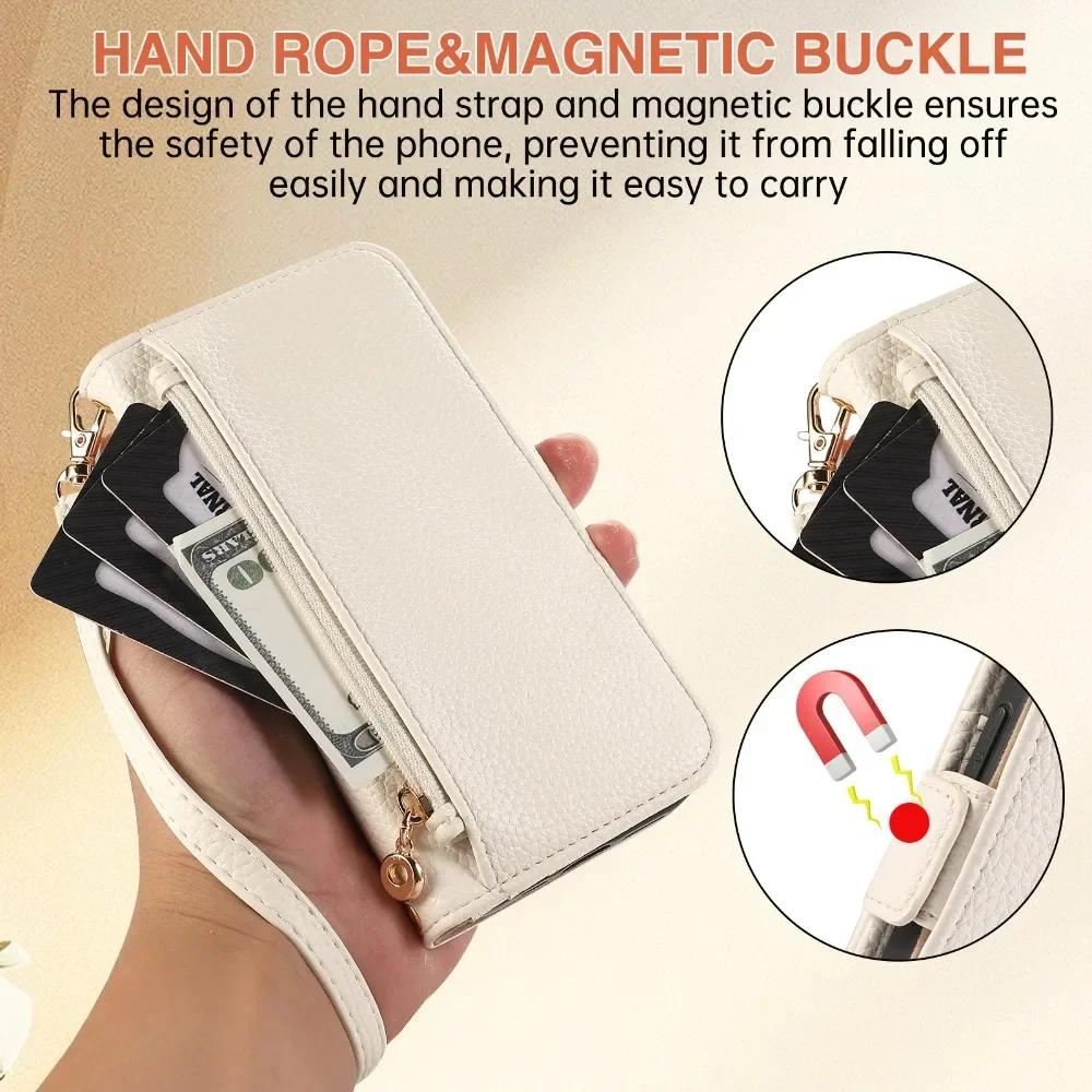 Crossbody Wrist Strap Zipper Wallet Card Slots Holder Phone Case for IPhone 16 15 Plus 14  13 12 11 Pro Max Mirror Leather Cover