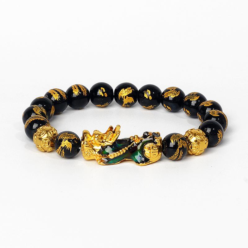 Feng Shui Black Obsidian Wealth Bracelets Men Color Changed Pi Xiu Bracelets Women 10mm Dragon Mantra Bead Bangle Lucky Jewelry