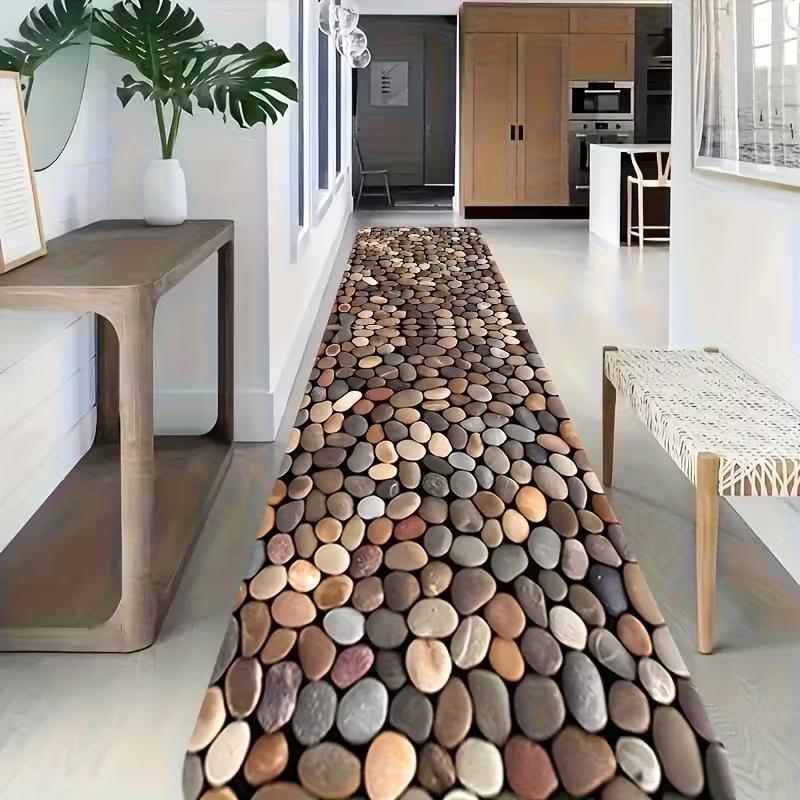Naturkiesel Läuferteppich, Mehrfarbiger Kieselstein-Mosaikteppich, Strukturierte Fußmatte für Zen & Minimalistischen Flur, Schöne Matte