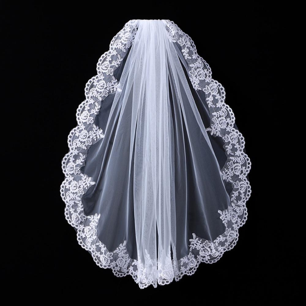 Medium Length Bridal Veil Flower Embroidery Marriage Headwear Elegant Minimalists