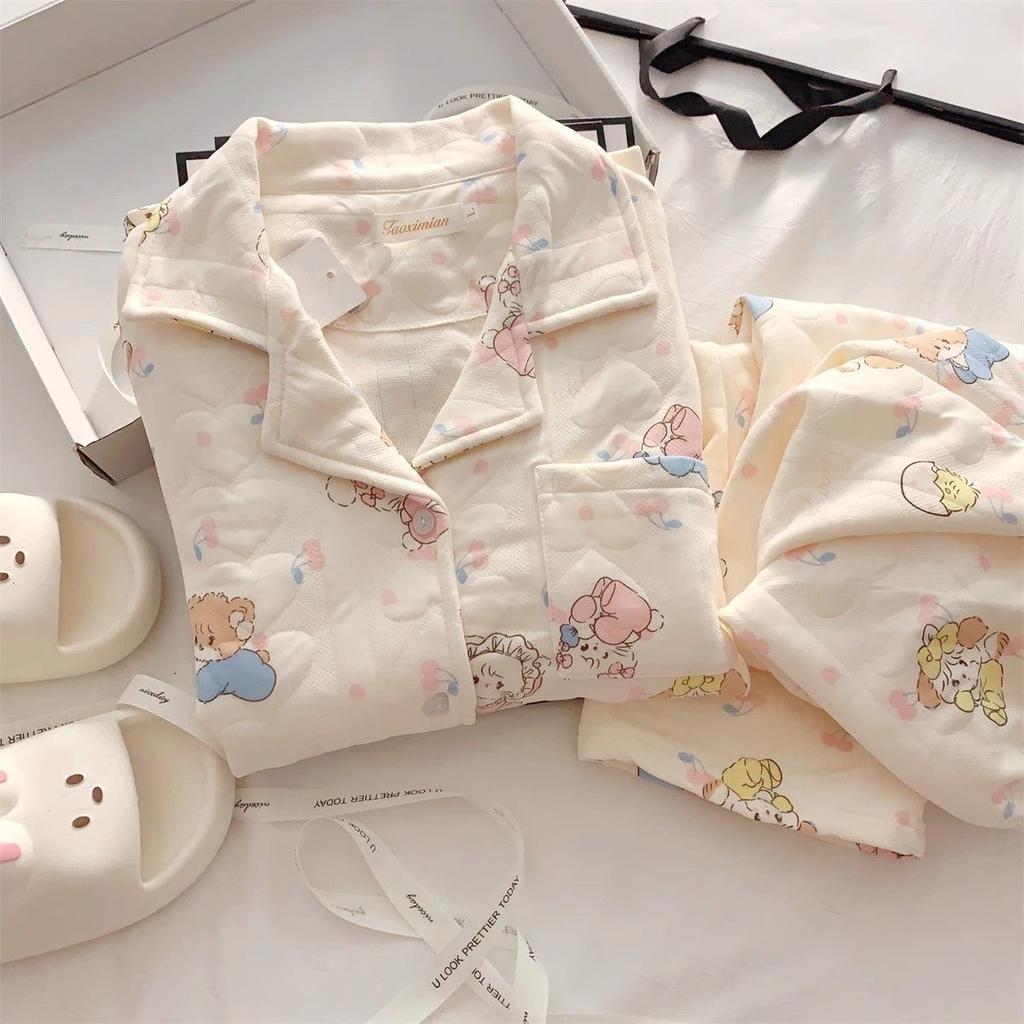 Pajamas Sets Women Japanese Style Nightwear Winter Warm Quilting Knitted Cotton Sleepwear Soft Button Long Sleeves