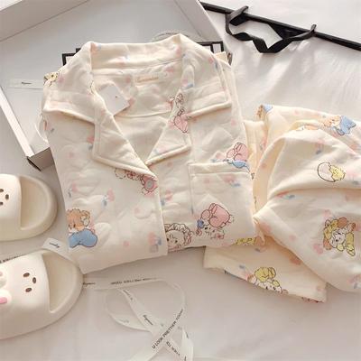 Pyjama-Sets Damen Japanischer Stil Nachtwäsche Winter Warm Steppung Gestrickte Baumwolle Schlafbekleidung Weich Knopf Langarm