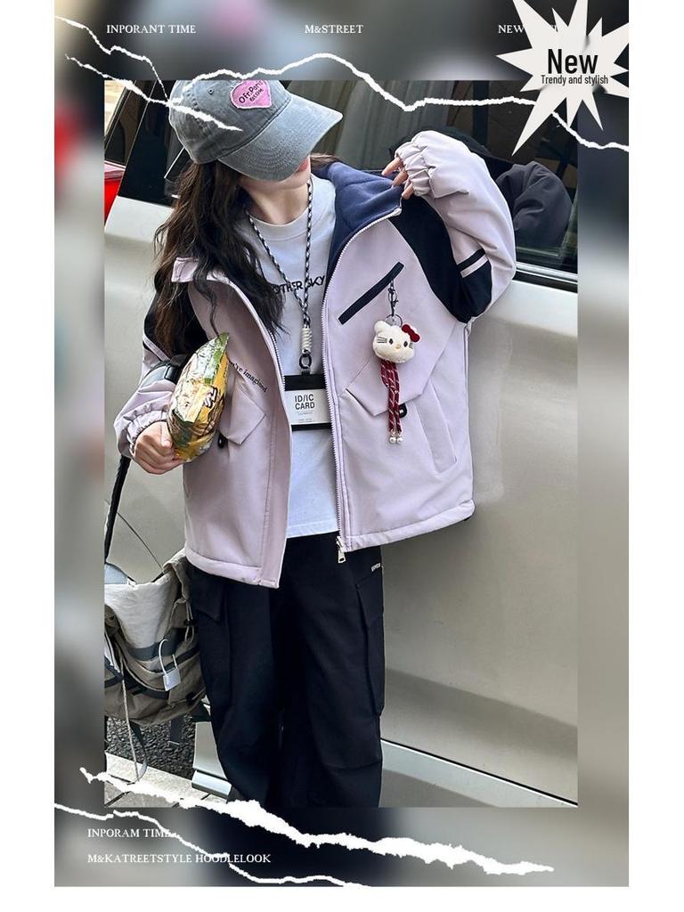 Girls' Reversible Hooded Mid-Length Fleece-Lined Windbreaker (2025 Autumn/Winter Collection)